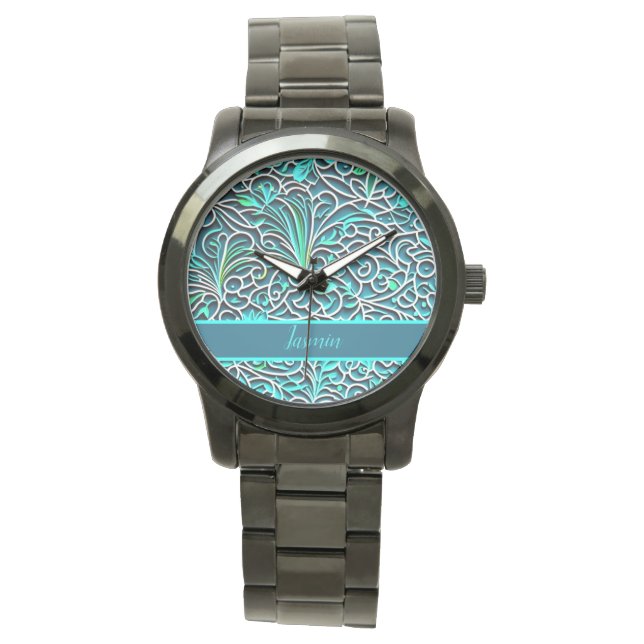 Ornamente Muster 3D Optik blau, türkise, grün Horloge (Voorkant)