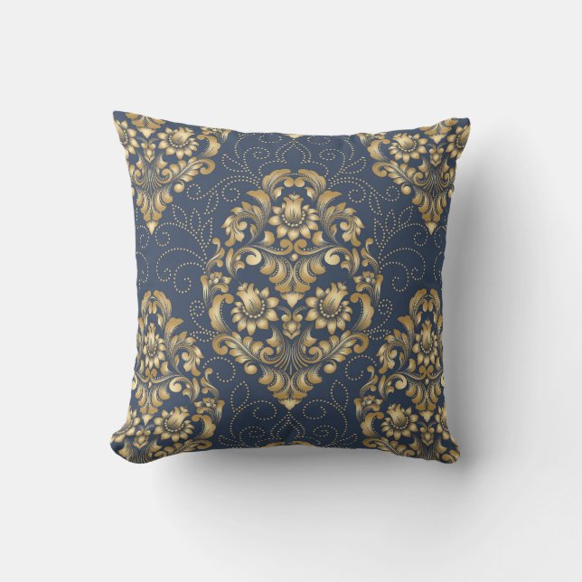Ornamentele Damask Golden Blue Floral Kussen (Voorkant)