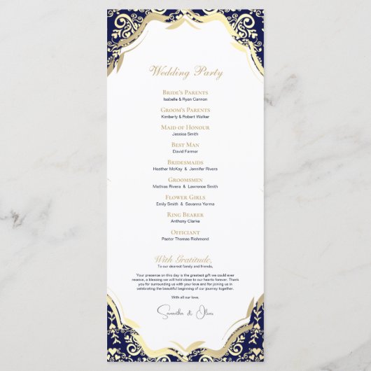 Ornamentele Marine Blauw en Goud Charmant Programm Programmakaart (Achterkant)