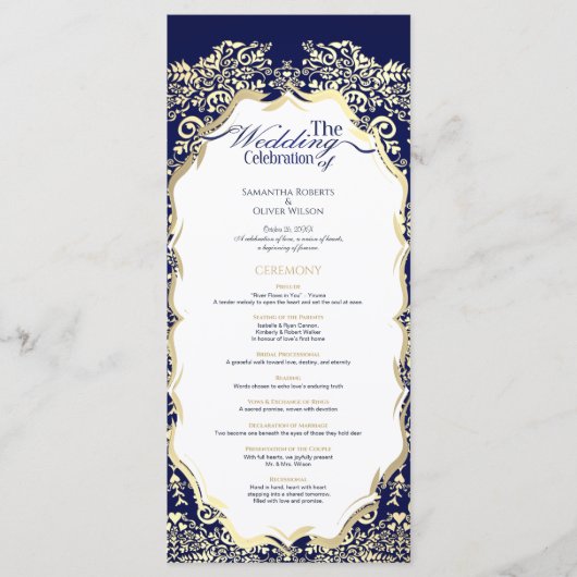 Ornamentele Marine Blauw en Goud Charmant Programm Programmakaart (Voorkant)