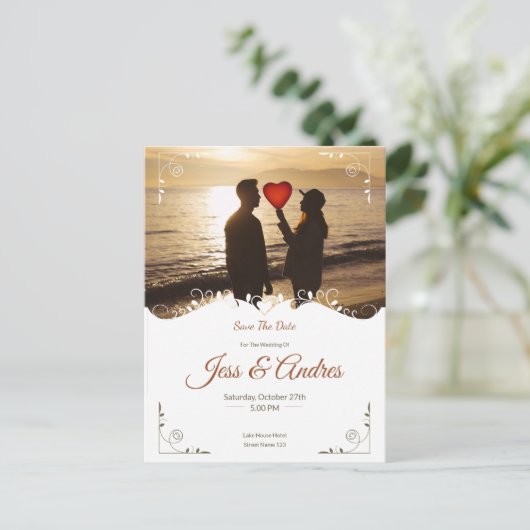 ORNAMENTELE WEDINGINVITATIE MET AFBEELDINGEN BRIEFKAART (Staand voorkant)