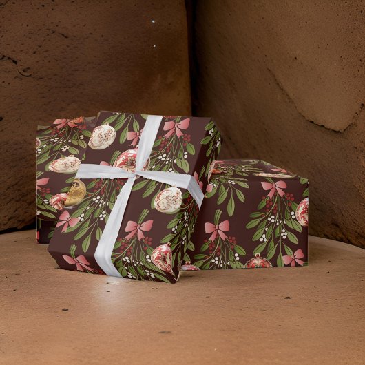 Ornamenten Bruin Rode Boog Mistletoe Holly Cadeaupapier