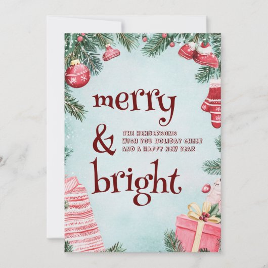 Ornamenten en Cadeaus vrolijk en helder Feestdagenkaart (Voorkant)