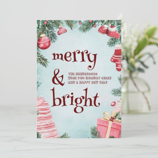 Ornamenten en Cadeaus vrolijk en helder Feestdagenkaart (Staand voorkant)