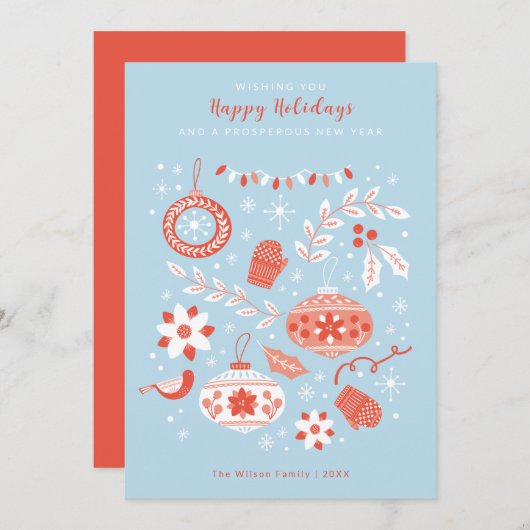 Ornamenten en sneeuw Moderne Prettige feestdagen Kaart (Voorkant / Achterkant)