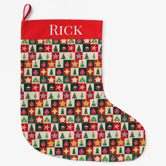 Ornamenten en sterren collage grote kerstsok (Voorkant)