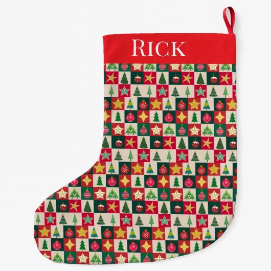 Ornamenten en sterren collage grote kerstsok (Achterkant)