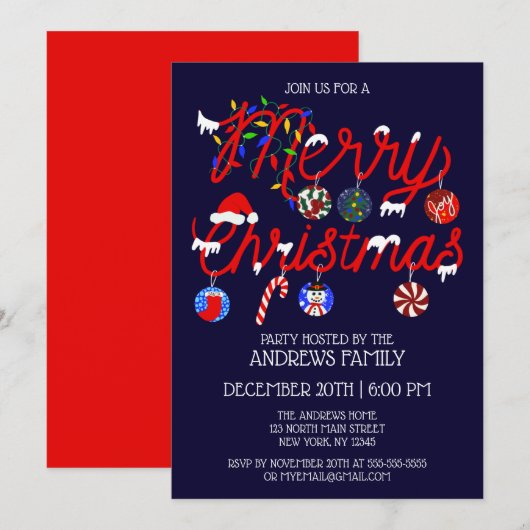 Ornamenten Lights Snowy Merry kerstparty Kaart (Voorkant / Achterkant)