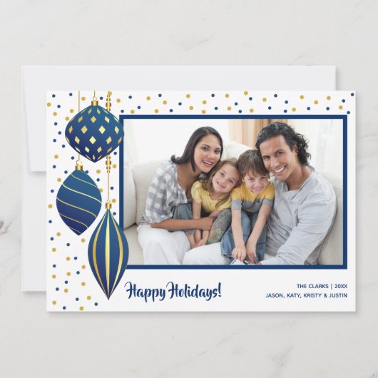 Ornamenten met gouden blauwe kerstbomen feestdagenkaart (Voorkant)