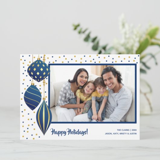 Ornamenten met gouden blauwe kerstbomen feestdagenkaart (Staand voorkant)