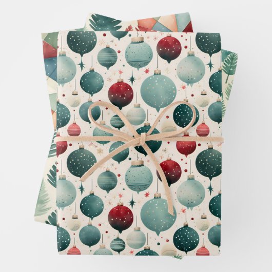 Ornamenten, pijnbomen kerstpatroon waterverf inpakpapier vel (In situ)