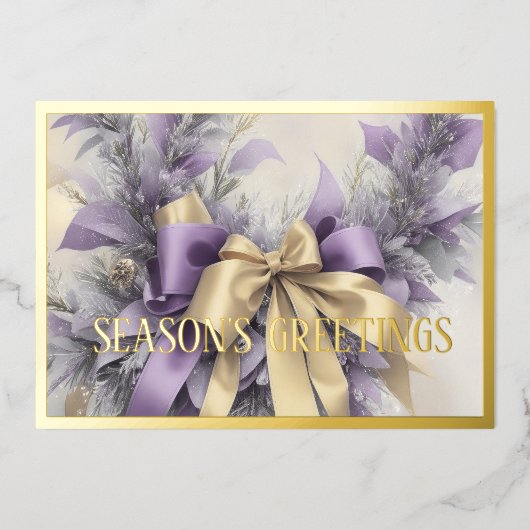 Ornamenten Satijnen Lint Evergreen Lavendel Goud Folie Feestdagenkaart (Voorkant)