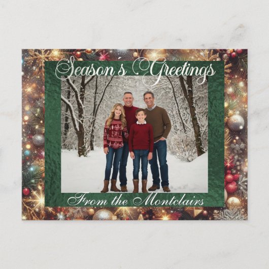 Ornamenten, Silver Script & ingelijste foto - Groe Feestdagenkaart (Voorkant)