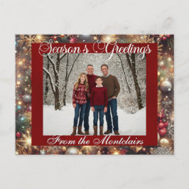 Ornamenten, Silver Script & ingelijste foto - Rood Feestdagenkaart