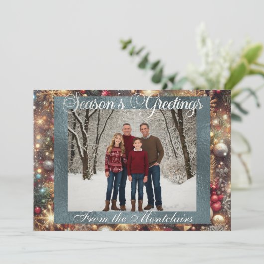 Ornamenten, Silver Script & ingelijste foto - Silv Feestdagenkaart (Staand voorkant)