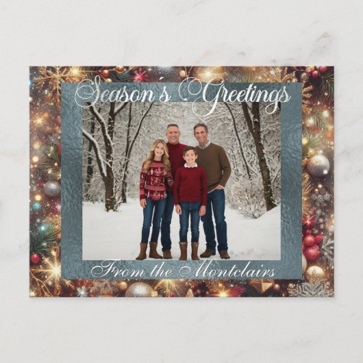 Ornamenten, Silver Script & ingelijste foto - Silv Feestdagenkaart (Voorkant)