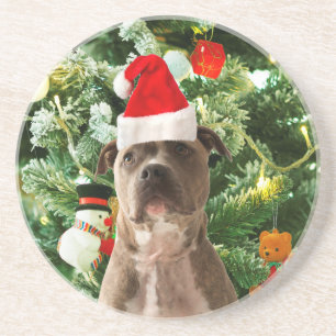 Ornamenten Snowman met Pitbull Dog Zandsteen Onderzetter
