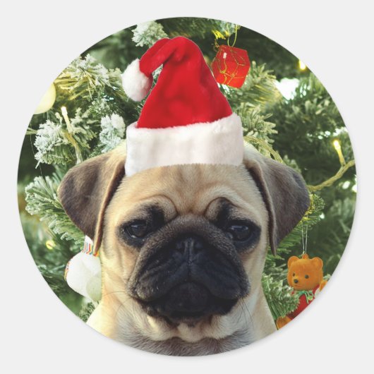 Ornamenten Snowman met Pug Puppy Dog Ronde Sticker (Voorkant)