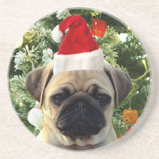 Ornamenten Snowman met Pug Puppy Dog Zandsteen Onderzetter (Voorkant)