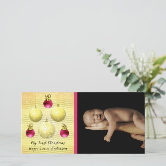 Ornamenten voor Gold en plum Mijn eerste kerstfoto Feestdagenkaart (Staand voorkant)