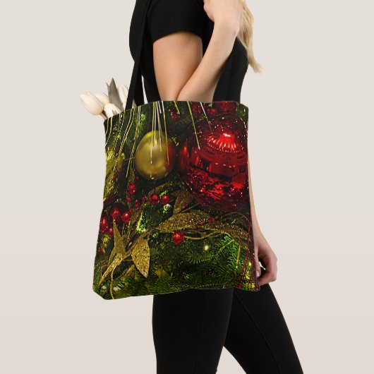 Ornamenten voor kerstbomen, rood en gouden kleuren tote bag (Dichtbij)