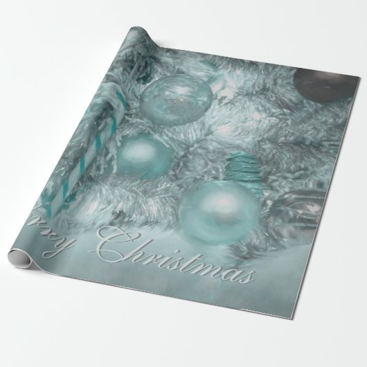 Ornaments Merry Kerstmis Blauwgroen Green Tree Hol Cadeaupapier (Uitgerold)