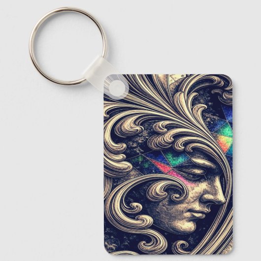 Ornate Abstract Face with Flowing Baroque Keychain (Voorkant)