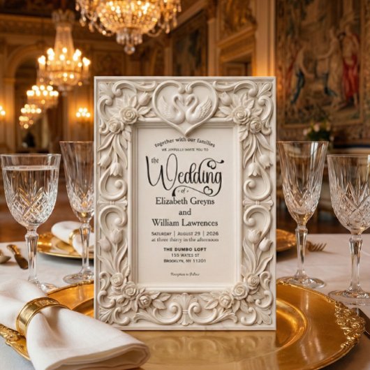Ornate Baroque Swan Heart Acanthus Frame Wedding Kaart