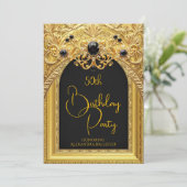 Ornate Birthday Party Black Gold Lace Diamonds Gem Kaart (Staand voorkant)