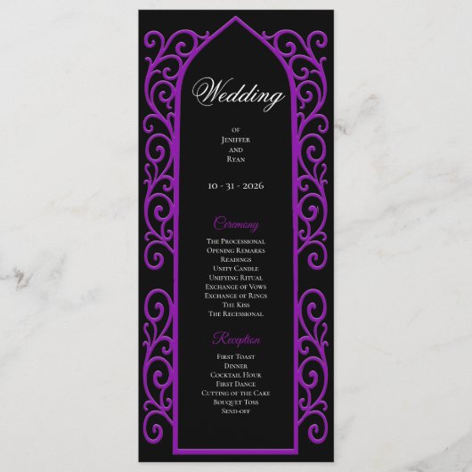 Ornate black and purple Gothic Wedding Program Menu (Voorkant)