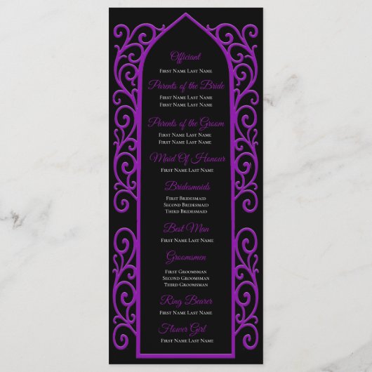 Ornate black and purple Gothic Wedding Program Menu (Achterkant)