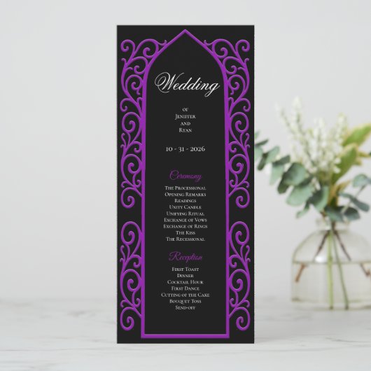 Ornate black and purple Gothic Wedding Program Menu (Staand voorkant)