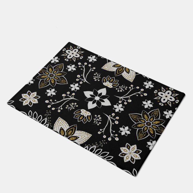 Ornate black and white floral pattern  deurmat (Schuin)