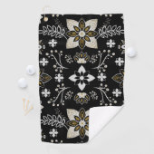 Ornate black and white floral pattern golfhanddoek (Insitu)