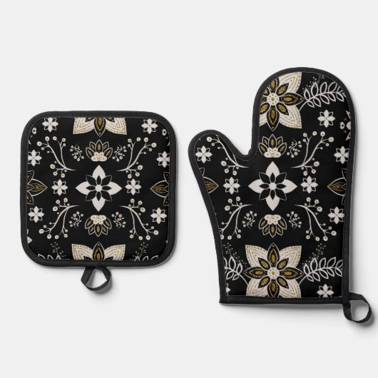 Ornate black and white floral pattern  ovenwant & pannenlap set (Voorkant)