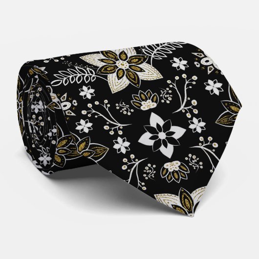 Ornate black and white floral pattern stropdas (Opgerold)