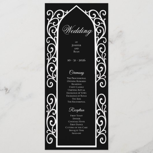 Ornate black and white Gothic Wedding Program Menu (Voorkant)