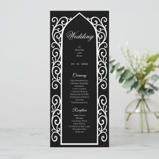 Ornate black and white Gothic Wedding Program Menu (Staand voorkant)
