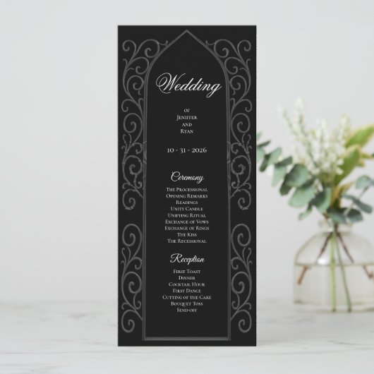 Ornate black and white Gothic Wedding Program Menu (Staand voorkant)