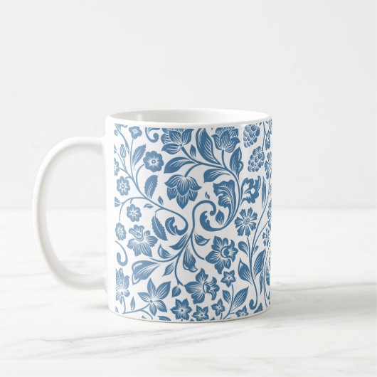 Ornate Blue and White Floral Vines Pattern Koffiemok (Links)