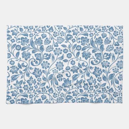 Ornate Blue and White Floral Vines Pattern Theedoek (Horizontaal)