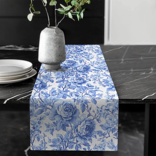 Ornate Blue French Toile Roses Floral Table Runner Lange Tafelloper