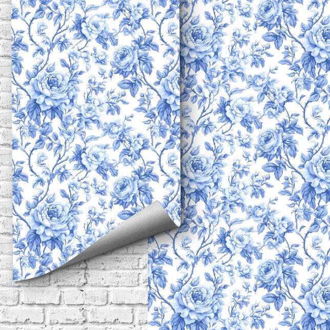 Ornate Blue French Toile Roses Floral Wallpaper  Behang (Ornate Blue French Toile Roses Floral Wallpaper Design)