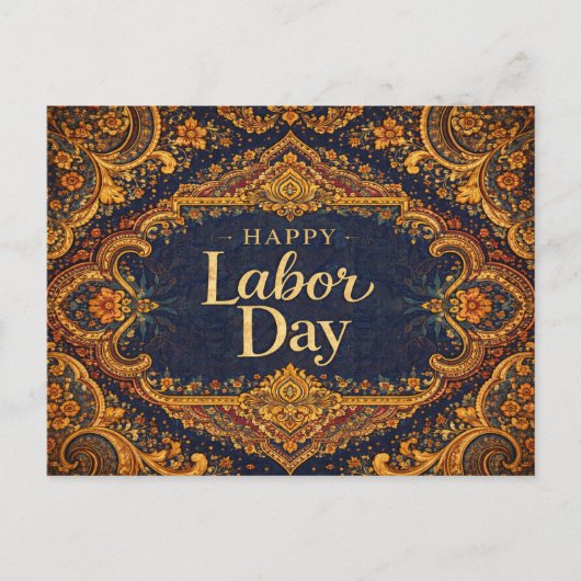 Ornate Blue Gold Scrollwork Happy Labor Day Feestdagenkaart (Voorkant)