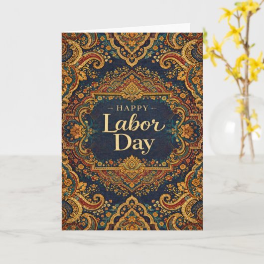 Ornate Blue Gold Scrollwork Happy Labor Day Kaart (Gele Bloem)