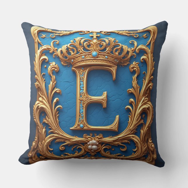 Ornate Blue Letter E Kussen (Voorkant)