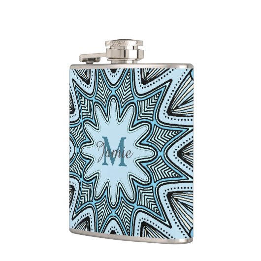 Ornate Blue Monogram Mandala Personalised Heupfles (Links)