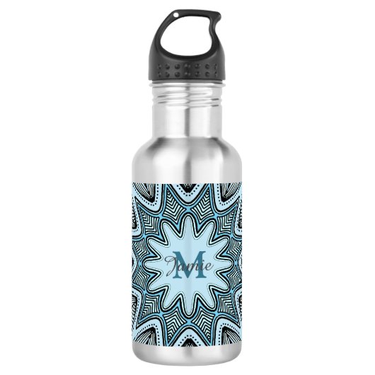 Ornate Blue Monogram Mandala Personalised Waterfles (Voorkant)
