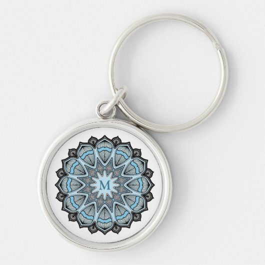 Ornate Blue Monogram Mandala Sleutelhanger (Voorkant)