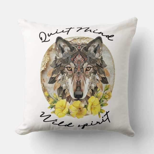 Ornate Boho Wolf with Yellow Flowers Kussen (Voorkant)